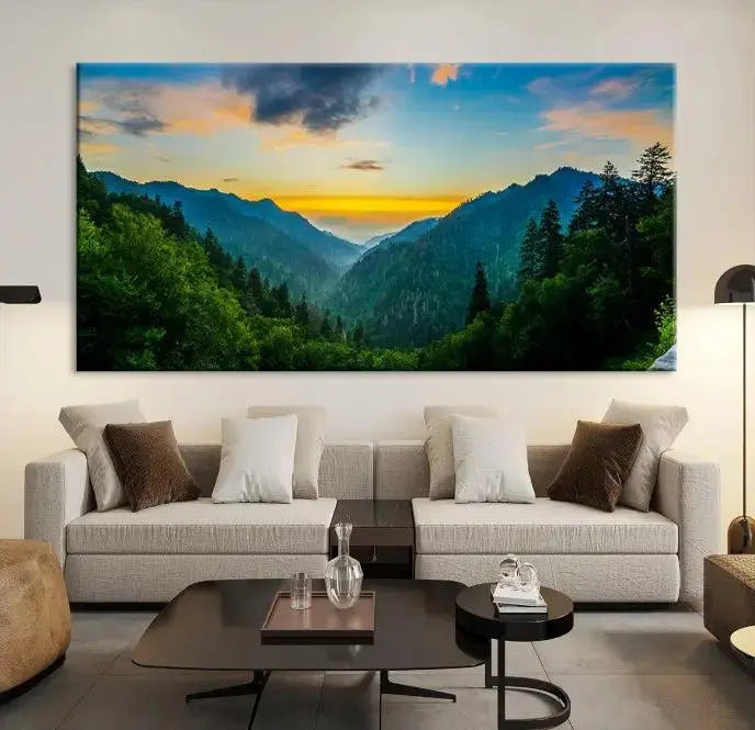 A Green Forest Wall Art Canvas Print is displayed on the wall, showcased as a gallery-wrapped masterpiece.