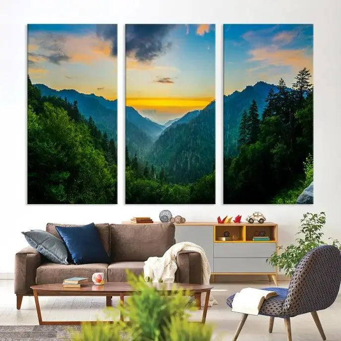 A Green Forest Wall Art Canvas Print is displayed on the wall, showcased as a gallery-wrapped masterpiece.