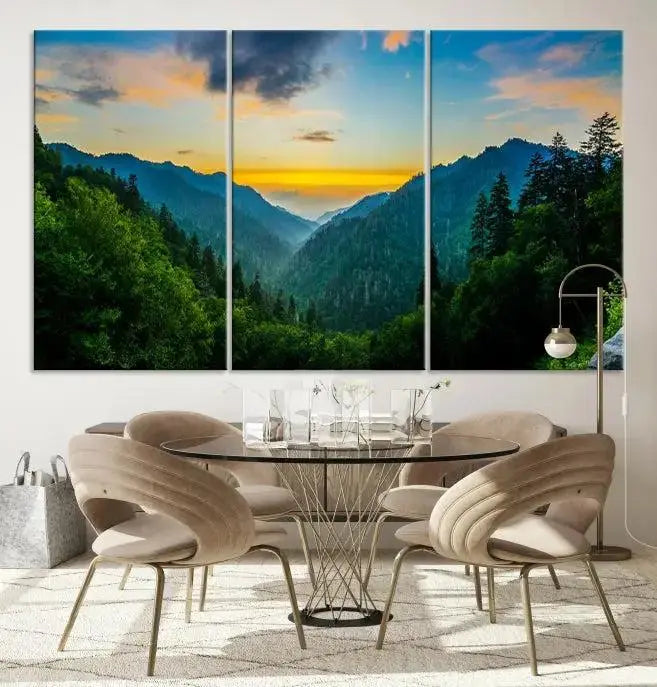 A Green Forest Wall Art Canvas Print is displayed on the wall, showcased as a gallery-wrapped masterpiece.