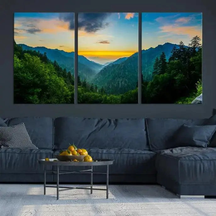 A Green Forest Wall Art Canvas Print is displayed on the wall, showcased as a gallery-wrapped masterpiece.