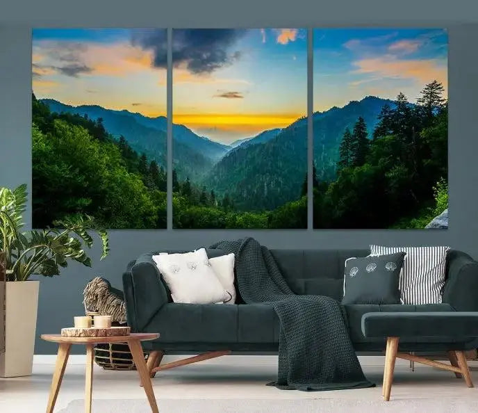 A Green Forest Wall Art Canvas Print is displayed on the wall, showcased as a gallery-wrapped masterpiece.