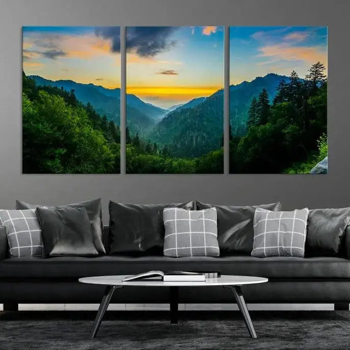 A Green Forest Wall Art Canvas Print is displayed on the wall, showcased as a gallery-wrapped masterpiece.