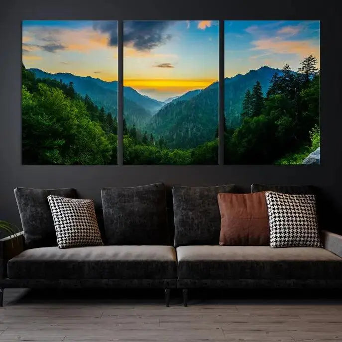 A Green Forest Wall Art Canvas Print is displayed on the wall, showcased as a gallery-wrapped masterpiece.