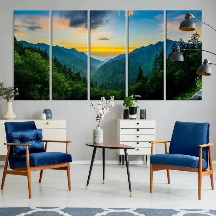 A Green Forest Wall Art Canvas Print is displayed on the wall, showcased as a gallery-wrapped masterpiece.