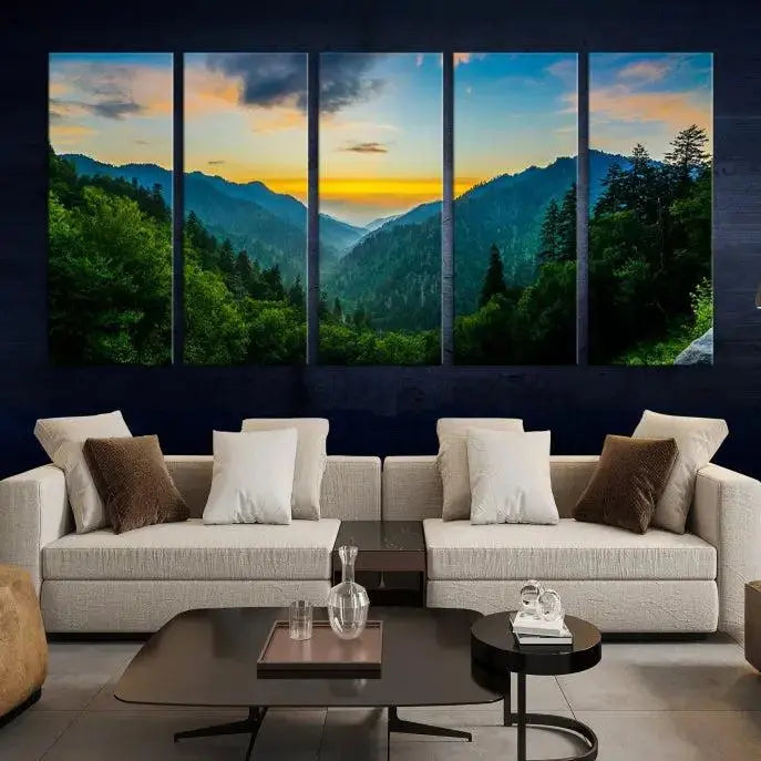 A Green Forest Wall Art Canvas Print is displayed on the wall, showcased as a gallery-wrapped masterpiece.