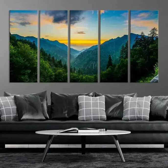 A Green Forest Wall Art Canvas Print is displayed on the wall, showcased as a gallery-wrapped masterpiece.