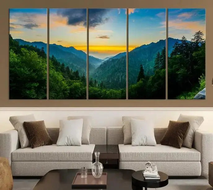 A Green Forest Wall Art Canvas Print is displayed on the wall, showcased as a gallery-wrapped masterpiece.