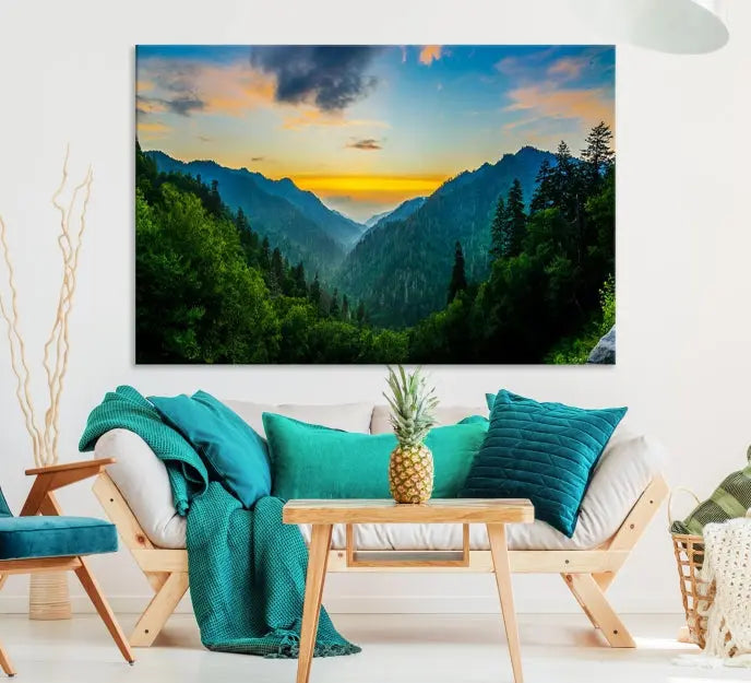 A Green Forest Wall Art Canvas Print is displayed on the wall, showcased as a gallery-wrapped masterpiece.