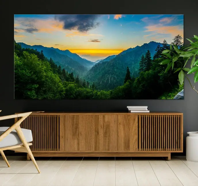 A Green Forest Wall Art Canvas Print is displayed on the wall, showcased as a gallery-wrapped masterpiece.