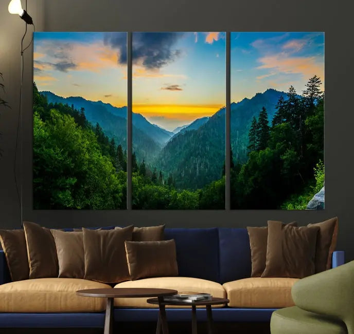 A Green Forest Wall Art Canvas Print is displayed on the wall, showcased as a gallery-wrapped masterpiece.