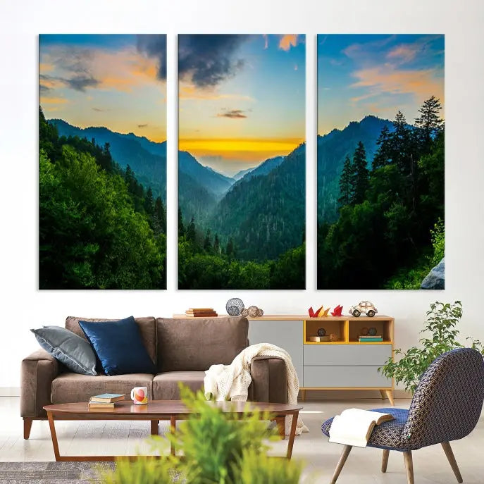 A Green Forest Wall Art Canvas Print is displayed on the wall, showcased as a gallery-wrapped masterpiece.