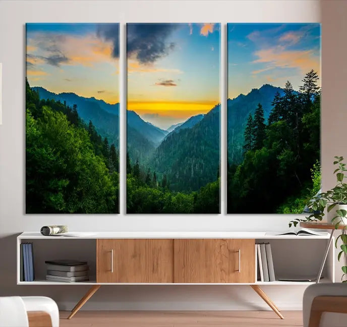 A Green Forest Wall Art Canvas Print is displayed on the wall, showcased as a gallery-wrapped masterpiece.