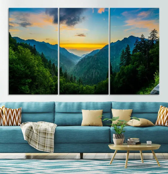 A Green Forest Wall Art Canvas Print is displayed on the wall, showcased as a gallery-wrapped masterpiece.