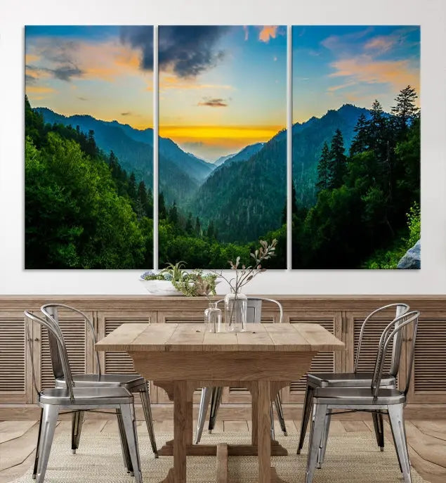 A Green Forest Wall Art Canvas Print is displayed on the wall, showcased as a gallery-wrapped masterpiece.