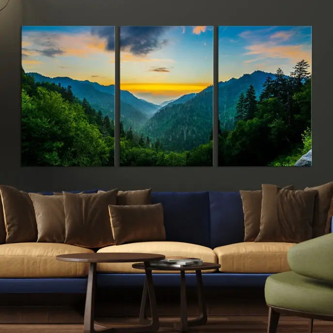 A Green Forest Wall Art Canvas Print is displayed on the wall, showcased as a gallery-wrapped masterpiece.