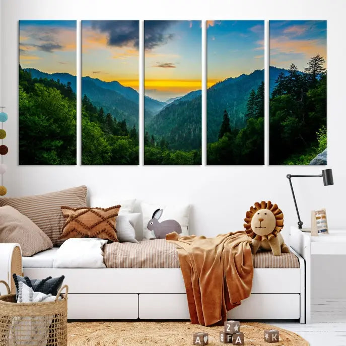 A Green Forest Wall Art Canvas Print is displayed on the wall, showcased as a gallery-wrapped masterpiece.