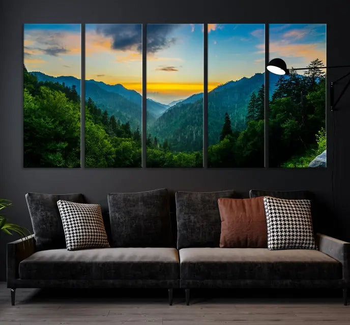 A Green Forest Wall Art Canvas Print is displayed on the wall, showcased as a gallery-wrapped masterpiece.