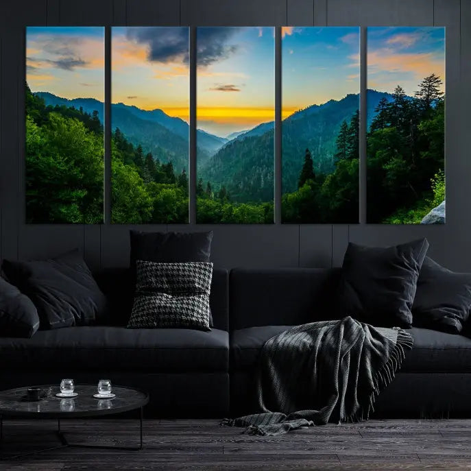 A Green Forest Wall Art Canvas Print is displayed on the wall, showcased as a gallery-wrapped masterpiece.