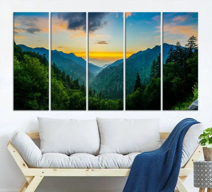 A Green Forest Wall Art Canvas Print is displayed on the wall, showcased as a gallery-wrapped masterpiece.