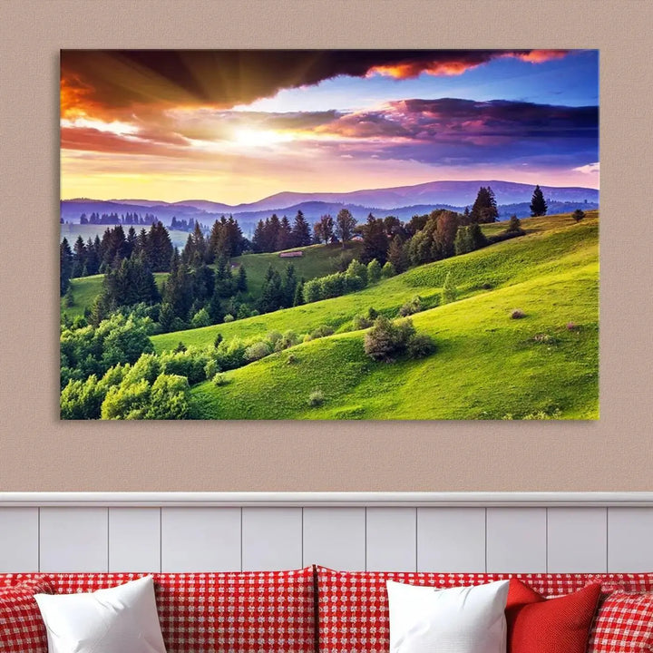 The room features a large triptych of the Green Hills and Sunset Wall Art Print, showcasing a scenic landscape with lush greenery and a vibrant sky.