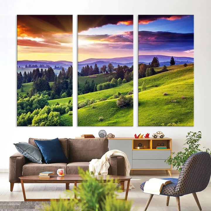 The room features a large triptych of the Green Hills and Sunset Wall Art Print, showcasing a scenic landscape with lush greenery and a vibrant sky.