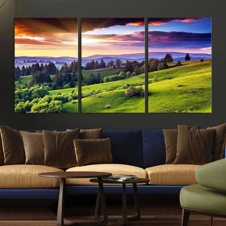 The room features a large triptych of the Green Hills and Sunset Wall Art Print, showcasing a scenic landscape with lush greenery and a vibrant sky.