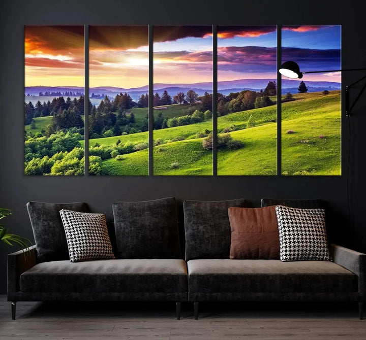 The room features a large triptych of the Green Hills and Sunset Wall Art Print, showcasing a scenic landscape with lush greenery and a vibrant sky.