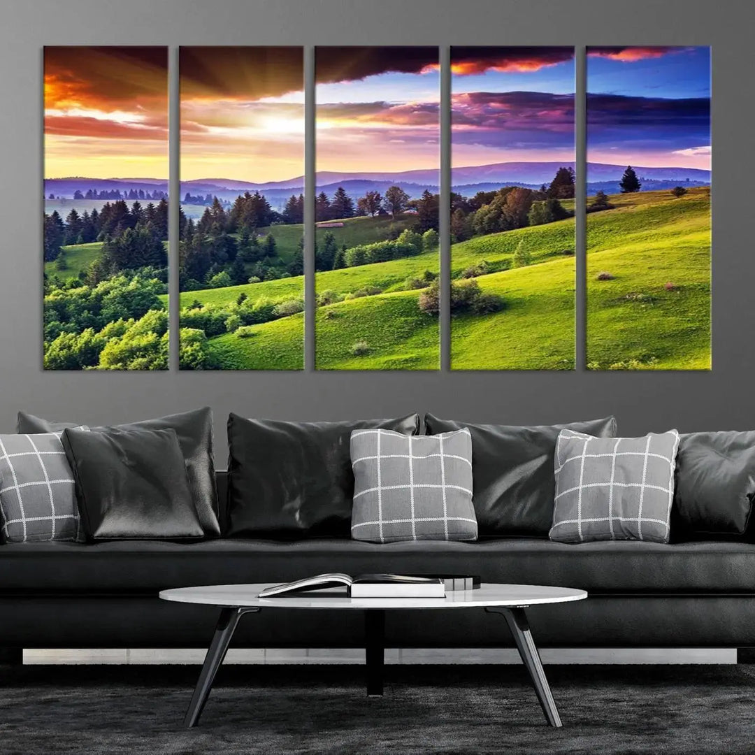 The room features a large triptych of the Green Hills and Sunset Wall Art Print, showcasing a scenic landscape with lush greenery and a vibrant sky.