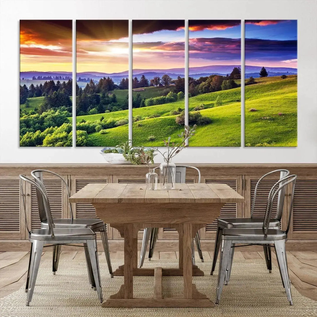 The room features a large triptych of the Green Hills and Sunset Wall Art Print, showcasing a scenic landscape with lush greenery and a vibrant sky.