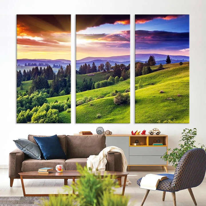 The Green Hills and Sunset Wall Art Print hangs prominently on the wall.