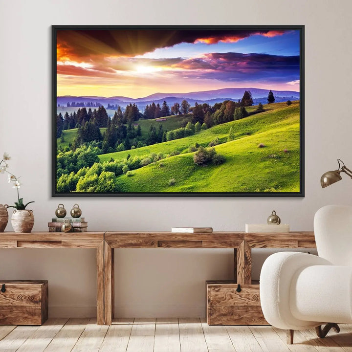 The Green Hills and Sunset Wall Art Print hangs prominently on the wall.