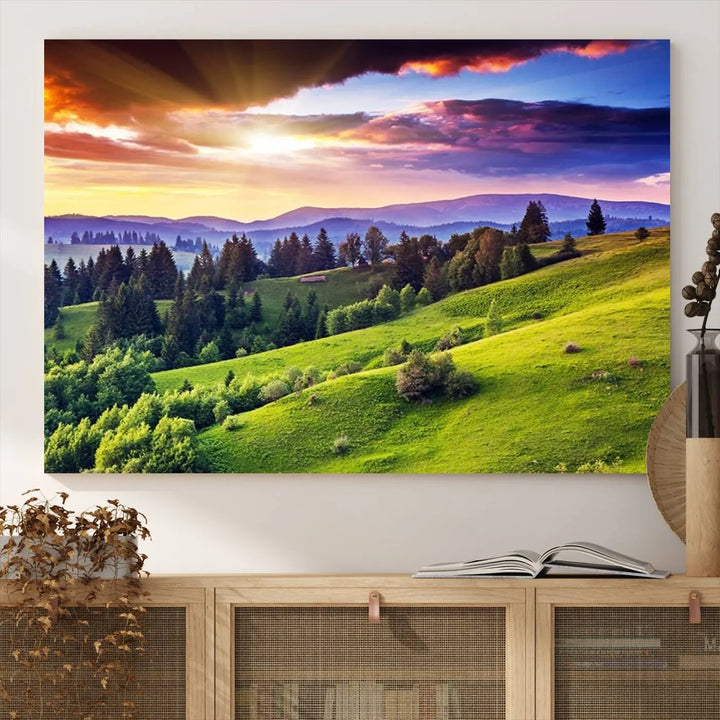 The Green Hills and Sunset Wall Art Print hangs prominently on the wall.