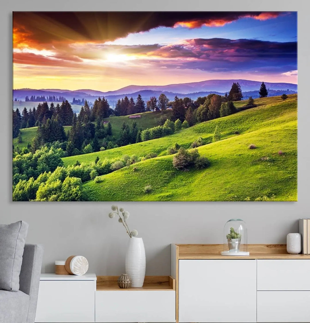 The Green Hills and Sunset Wall Art Print hangs prominently on the wall.