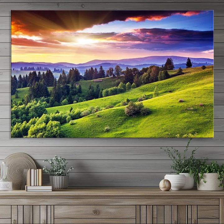 The Green Hills and Sunset Wall Art Print hangs prominently on the wall.