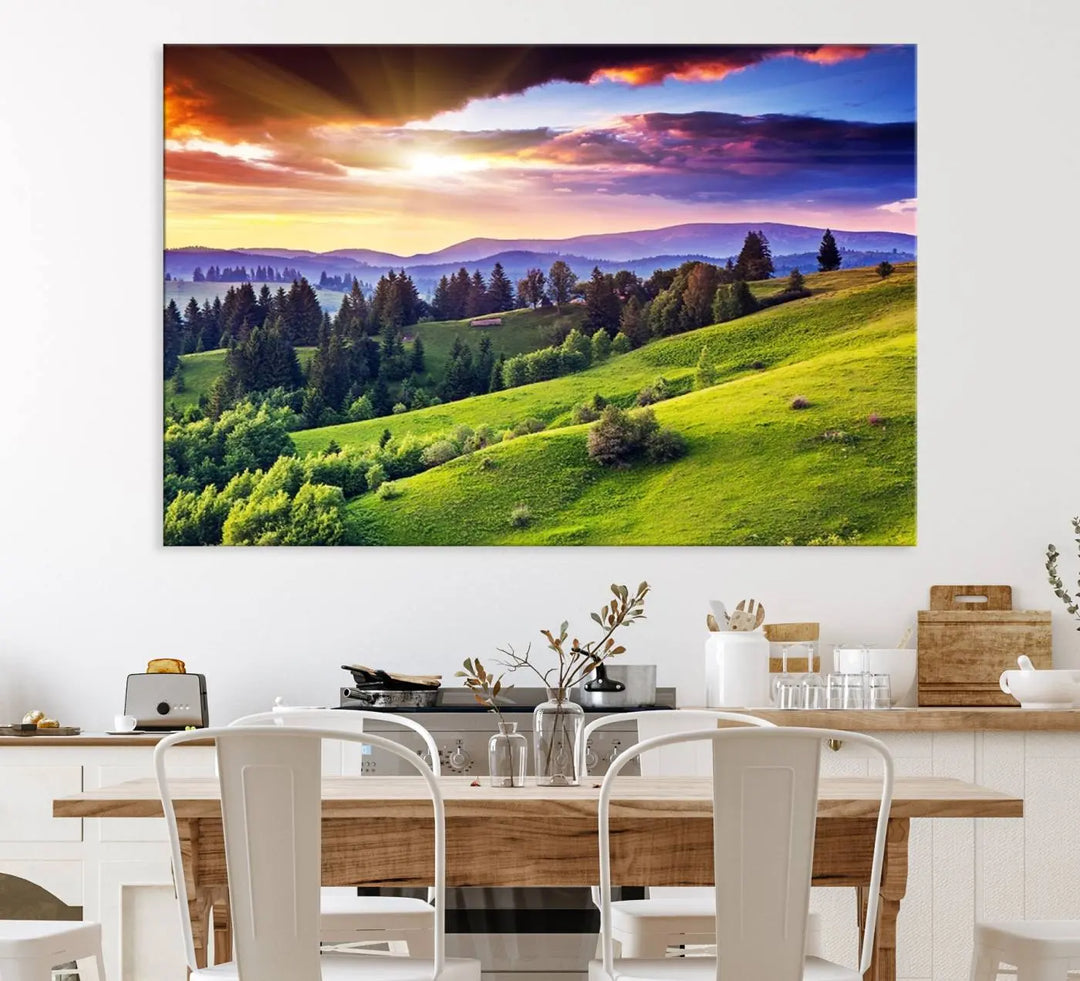 The Green Hills and Sunset Wall Art Print hangs prominently on the wall.