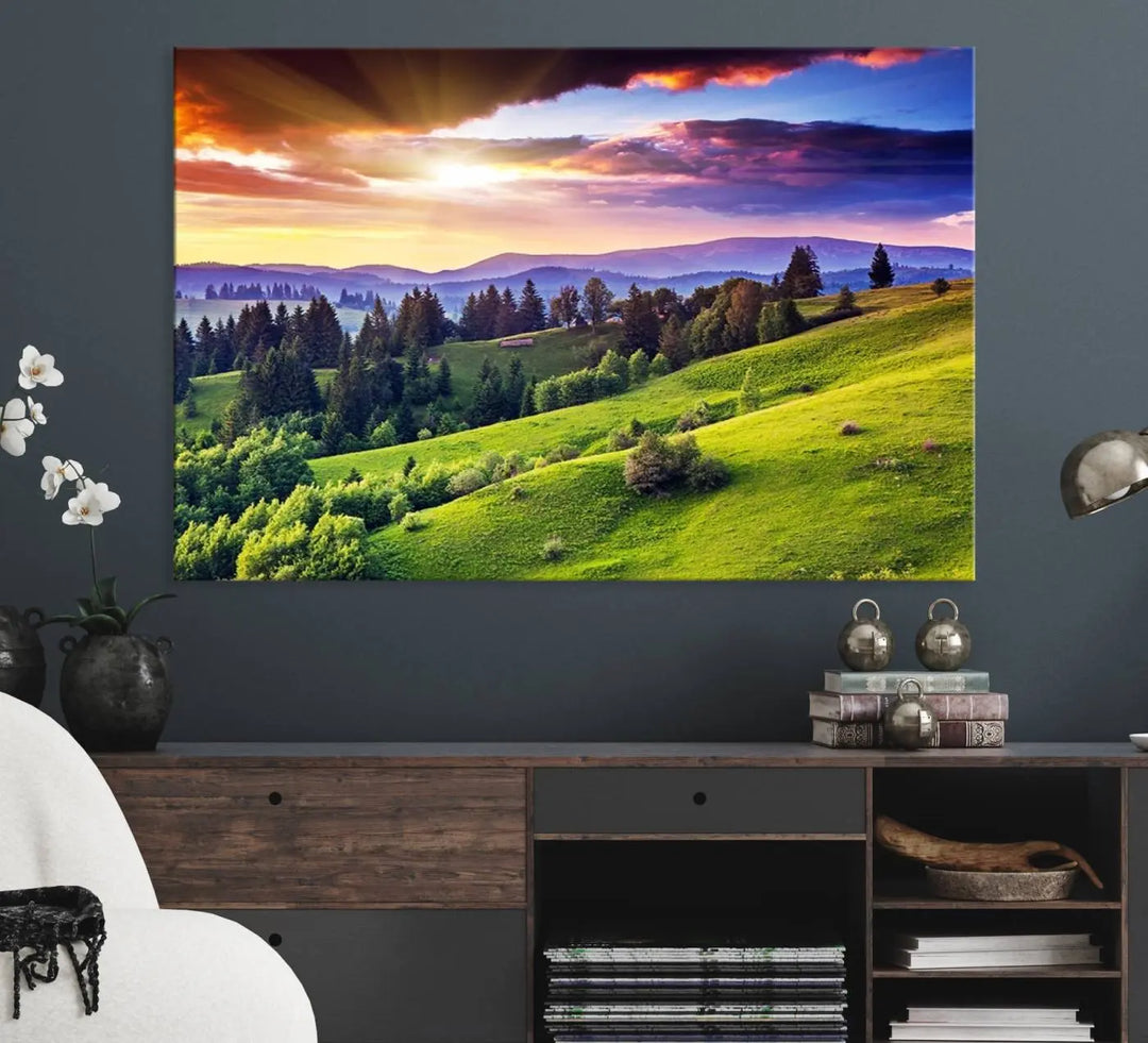 The Green Hills and Sunset Wall Art Print hangs prominently on the wall.