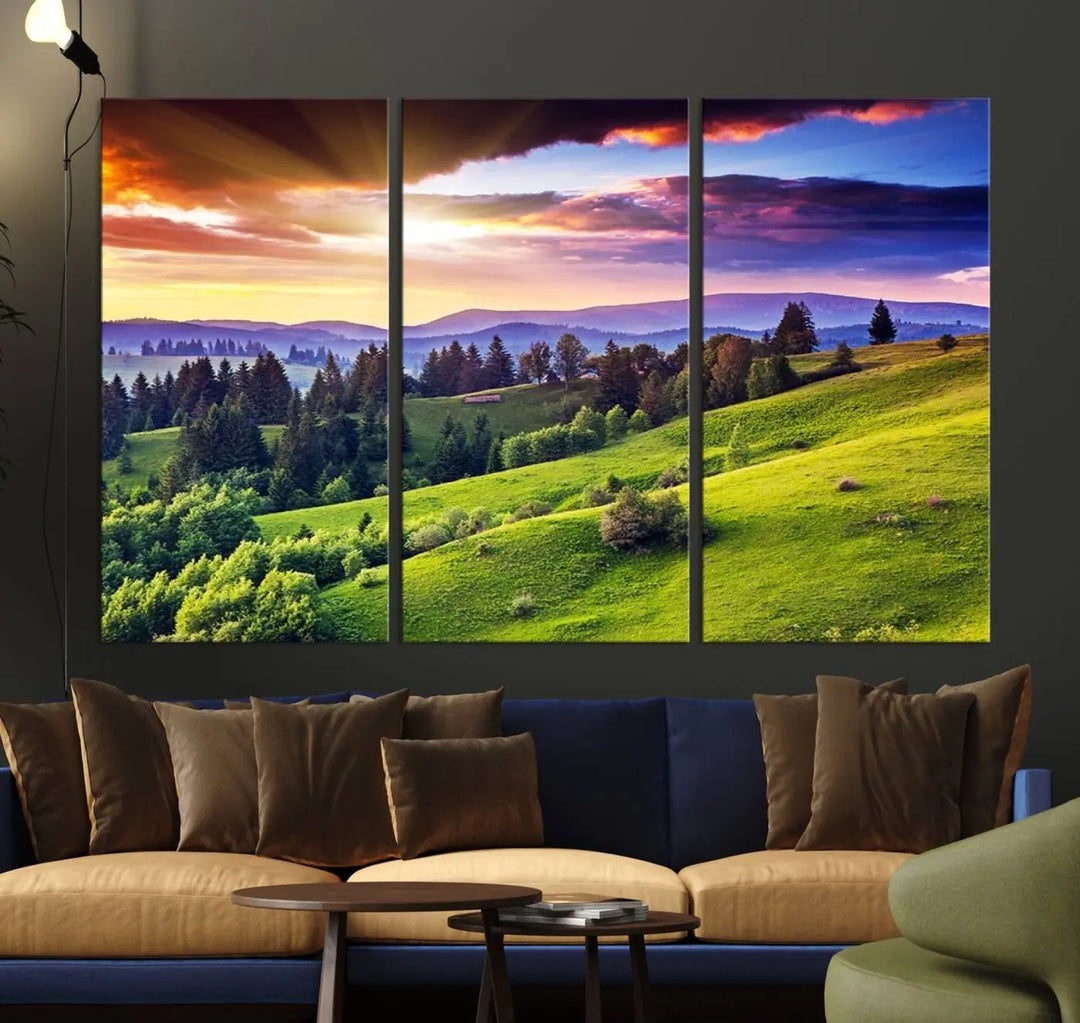 The Green Hills and Sunset Wall Art Print hangs prominently on the wall.