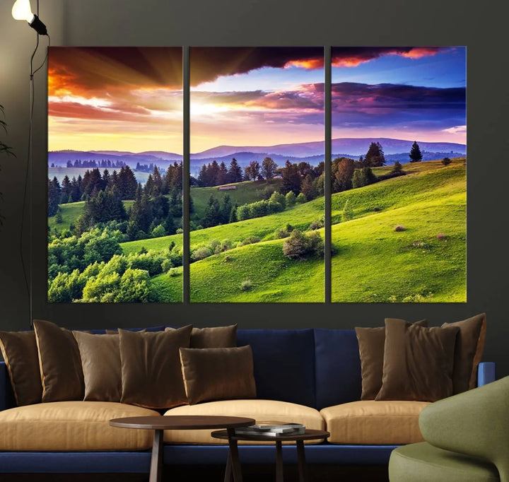 The Green Hills and Sunset Wall Art Print hangs prominently on the wall.