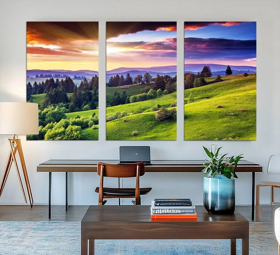 The Green Hills and Sunset Wall Art Print hangs prominently on the wall.