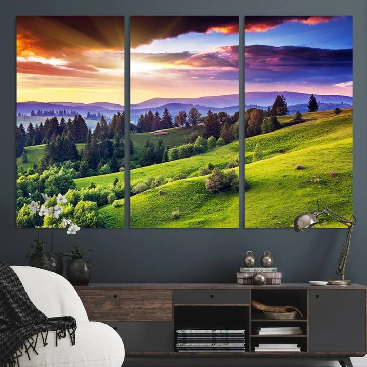 The Green Hills and Sunset Wall Art Print hangs prominently on the wall.