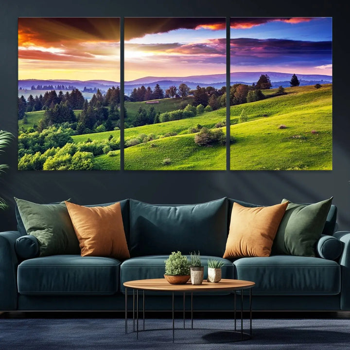 The Green Hills and Sunset Wall Art Print hangs prominently on the wall.