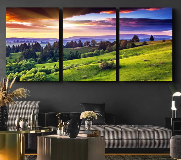 The Green Hills and Sunset Wall Art Print hangs prominently on the wall.