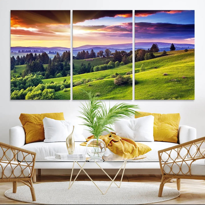 The Green Hills and Sunset Wall Art Print hangs prominently on the wall.