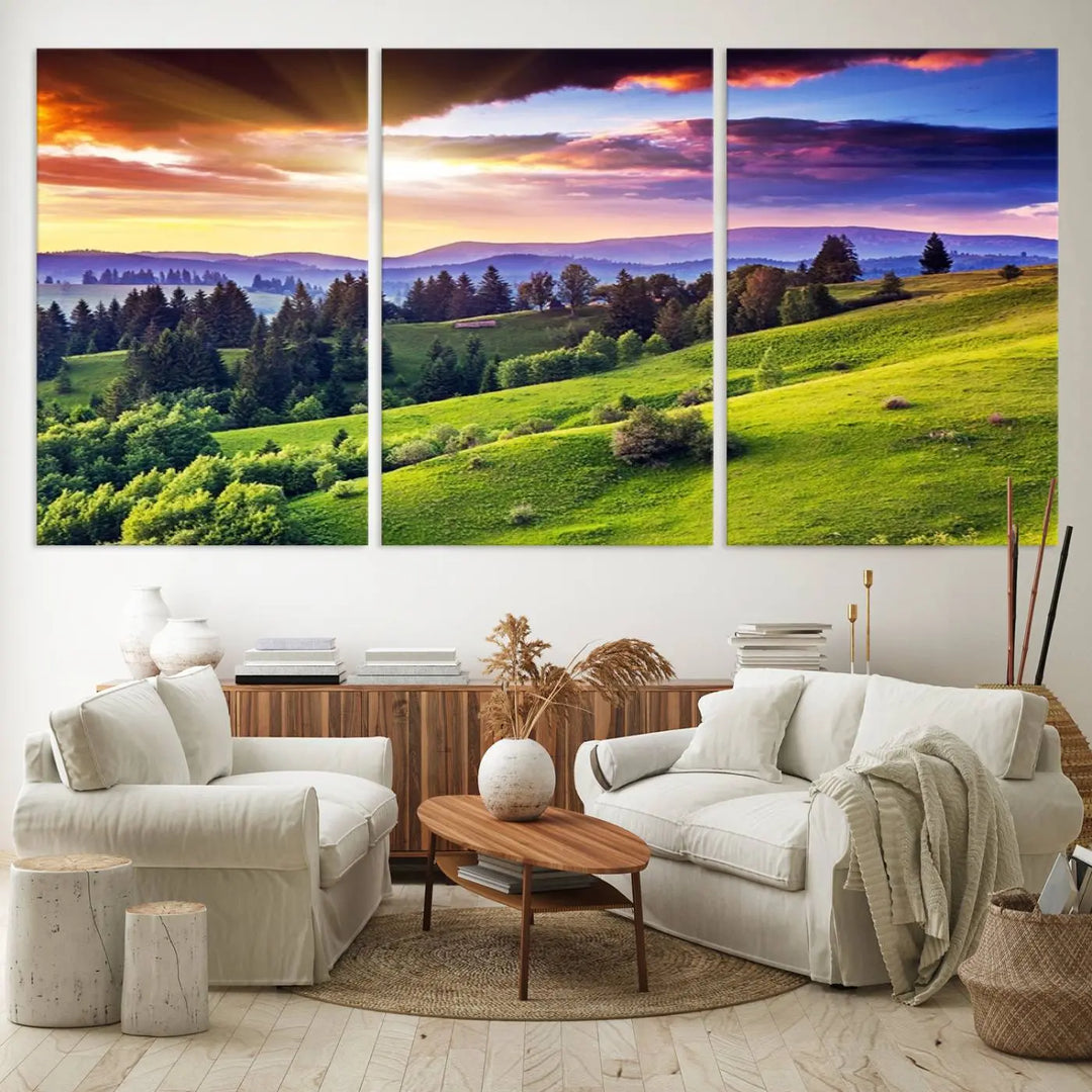 The Green Hills and Sunset Wall Art Print hangs prominently on the wall.