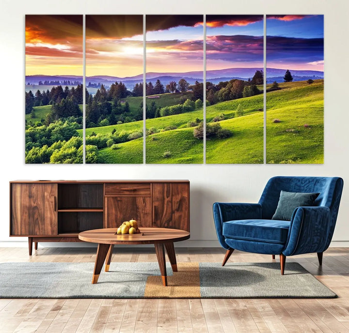 The Green Hills and Sunset Wall Art Print hangs prominently on the wall.