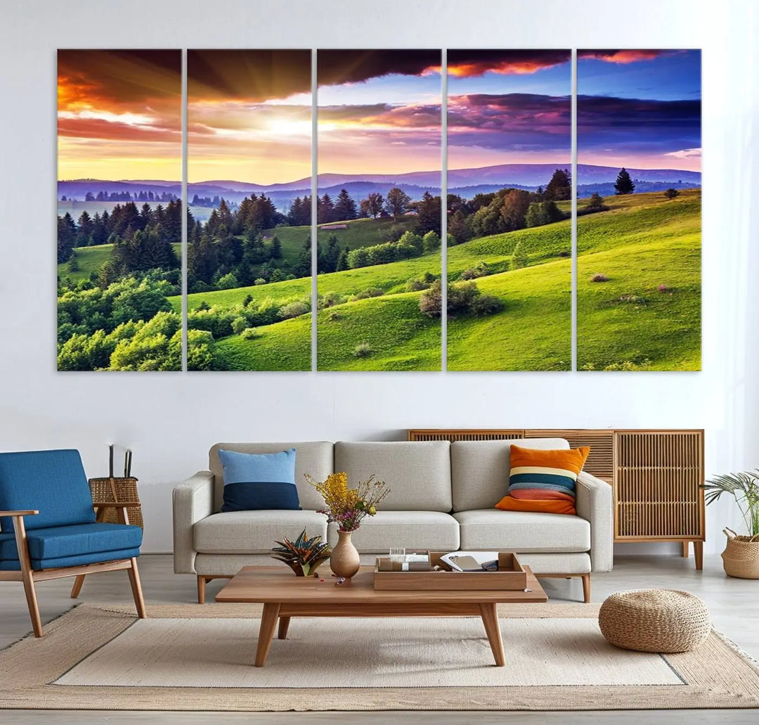 The Green Hills and Sunset Wall Art Print hangs prominently on the wall.