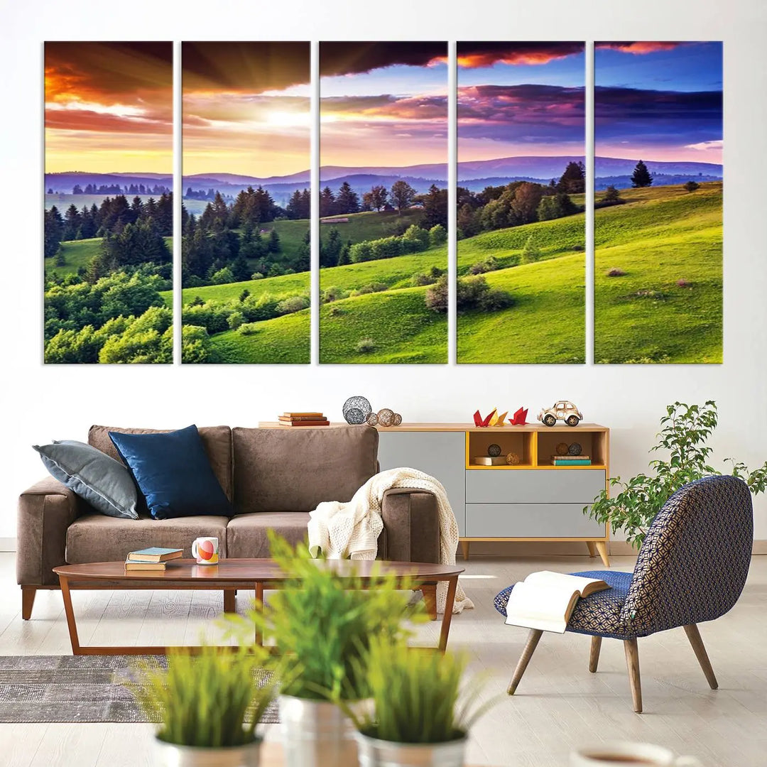 The Green Hills and Sunset Wall Art Print hangs prominently on the wall.