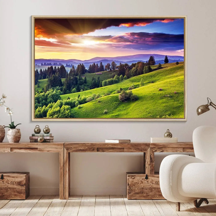 The Green Hills and Sunset Wall Art Print hangs prominently on the wall.