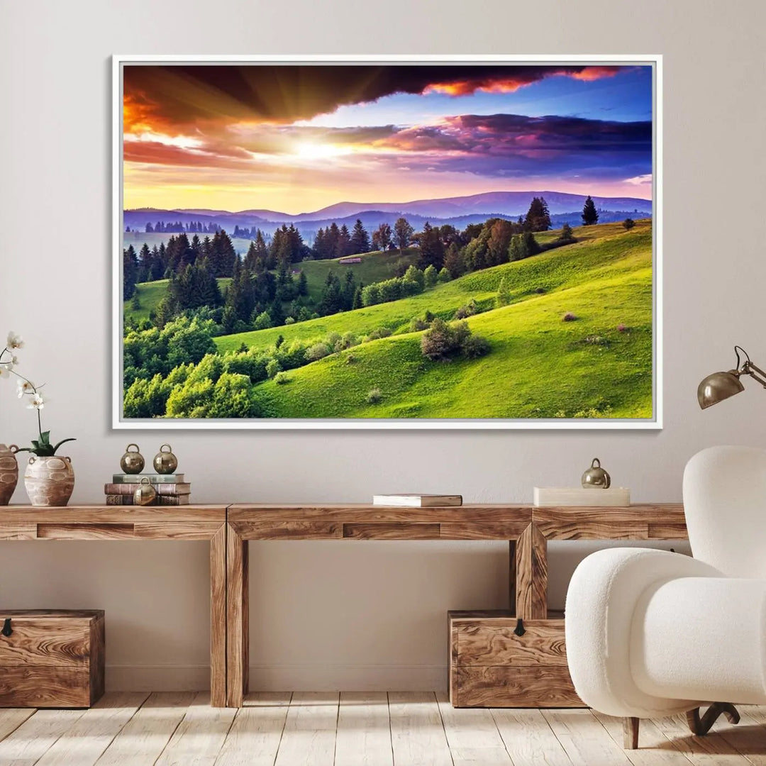 The Green Hills and Sunset Wall Art Print hangs prominently on the wall.