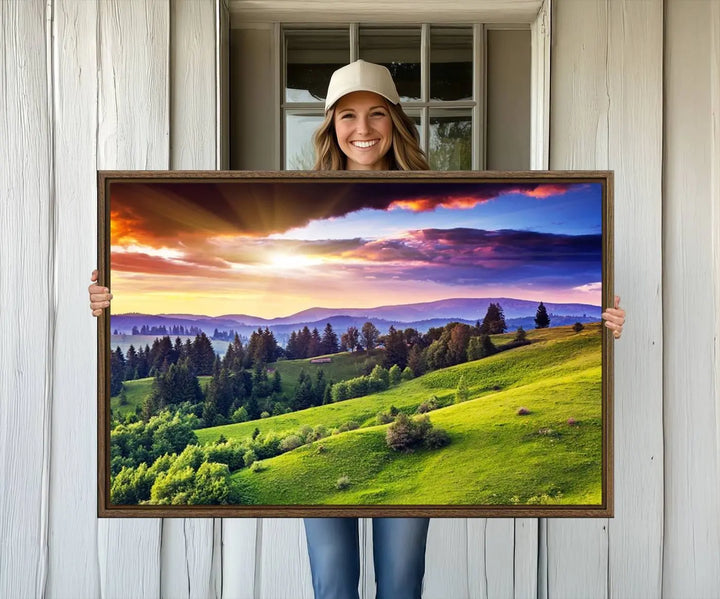 The Green Hills and Sunset Wall Art Print hangs prominently on the wall.